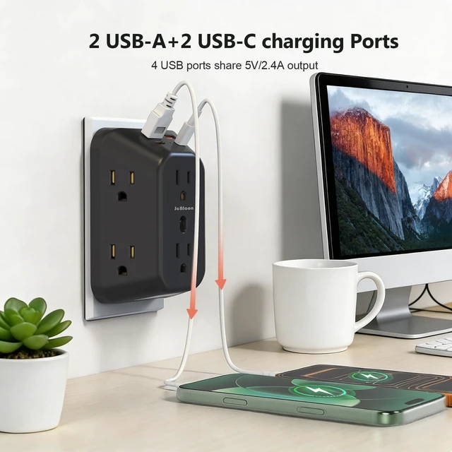 Alt view image 6 of 7 - Multi Plug Outlet Surge Protector with Night Light, 6 Outlet Splitter with 4 USB Ports (2 USB C), 4 Sided 1050j Surge Protector Power Strip for Home Office Dorm Essentials-Black