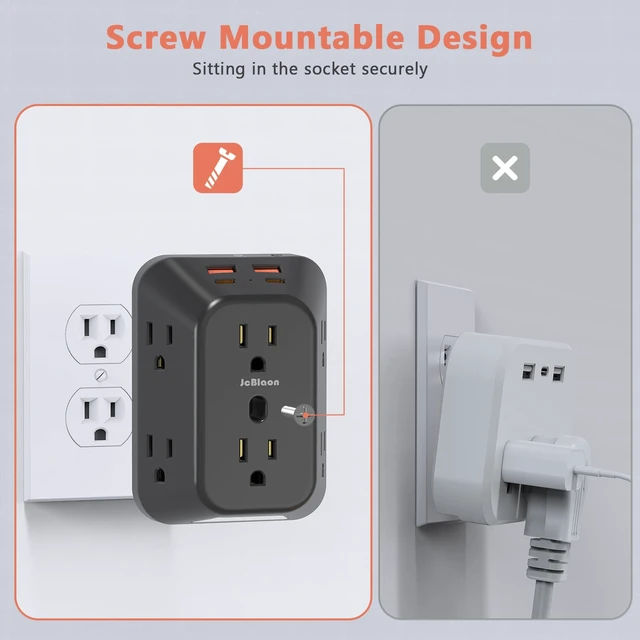 Alt view image 7 of 7 - Multi Plug Outlet Surge Protector with Night Light, 6 Outlet Splitter with 4 USB Ports (2 USB C), 4 Sided 1050j Surge Protector Power Strip for Home Office Dorm Essentials-Black