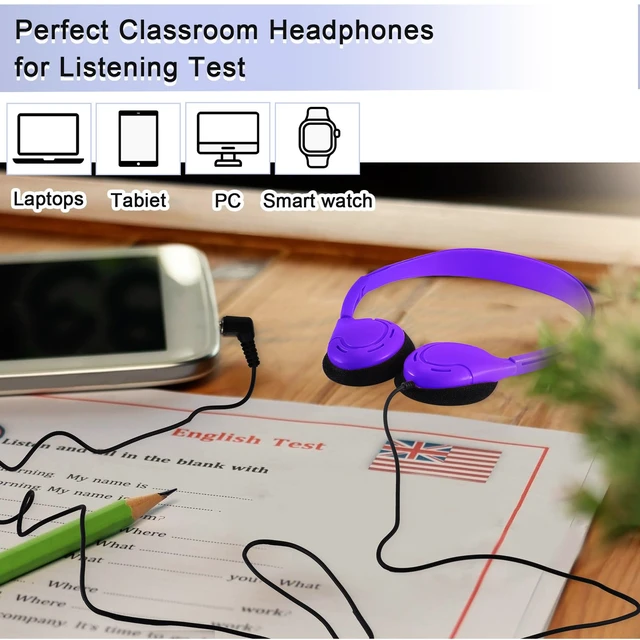 Alt view image 4 of 6 - 10 Pack Over Ear Headphones Corded Bulk Set 3.5mm,Multicolor On Ear Headsets Adjustable Earphones with Cord for Library Computer Lab Online Lesson Group Testing