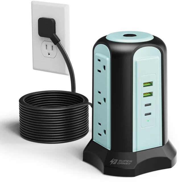 Main image of Power Strip Tower, Desktop Charging Station,15 Ft Extension Cord 1080J Surge Protector, 9 Outlets 4 USB (2 USB C), Flat Plug Power Tower with Multiple Outlets, Home, Office, Dorm