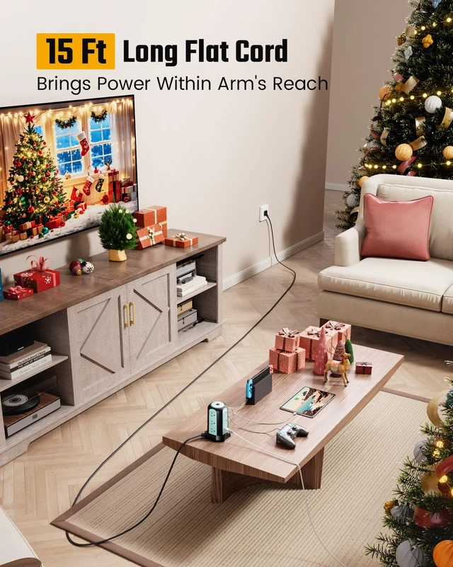 Alt view image 2 of 7 - Power Strip Tower, Desktop Charging Station,15 Ft Extension Cord 1080J Surge Protector, 9 Outlets 4 USB (2 USB C), Flat Plug Power Tower with Multiple Outlets, Home, Office, Dorm