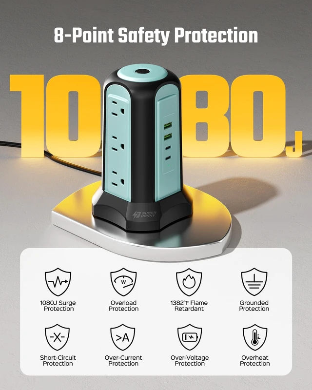 Alt view image 3 of 7 - Power Strip Tower, Desktop Charging Station,15 Ft Extension Cord 1080J Surge Protector, 9 Outlets 4 USB (2 USB C), Flat Plug Power Tower with Multiple Outlets, Home, Office, Dorm