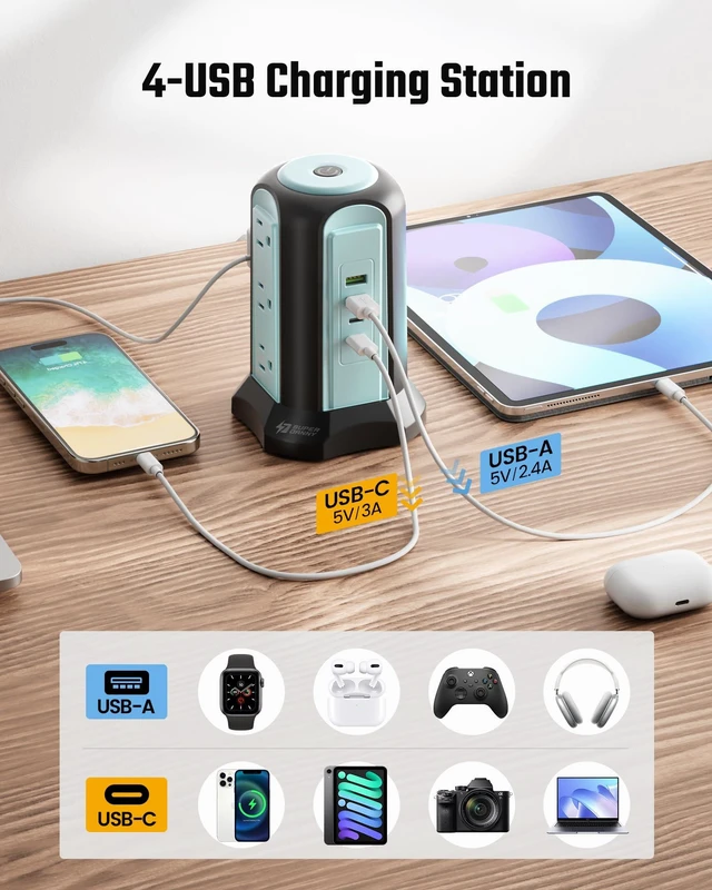Alt view image 5 of 7 - Power Strip Tower, Desktop Charging Station,15 Ft Extension Cord 1080J Surge Protector, 9 Outlets 4 USB (2 USB C), Flat Plug Power Tower with Multiple Outlets, Home, Office, Dorm