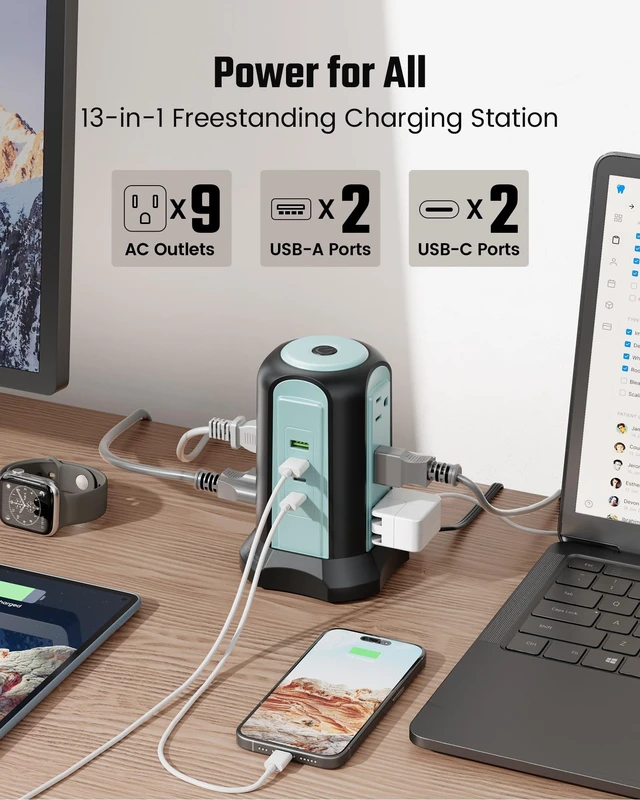 Alt view image 6 of 7 - Power Strip Tower, Desktop Charging Station,15 Ft Extension Cord 1080J Surge Protector, 9 Outlets 4 USB (2 USB C), Flat Plug Power Tower with Multiple Outlets, Home, Office, Dorm