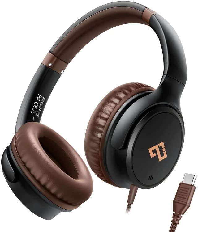 Main image of USB C Headphones for School Wired Headphones with Microphone-Brown Headset Lightweight/Foldable/Adjustable/Comfortable Over Ear Headphones for iPad/Travel/iPhone 17, Back-to-School Season, Teen Gifts