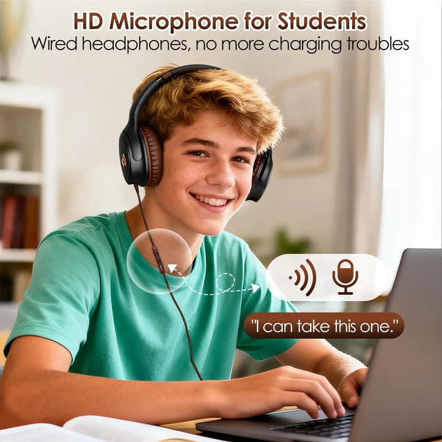 Alt view image 4 of 7 - USB C Headphones for School Wired Headphones with Microphone-Brown Headset Lightweight/Foldable/Adjustable/Comfortable Over Ear Headphones for iPad/Travel/iPhone 17, Back-to-School Season, Teen Gifts