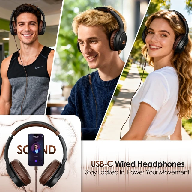 Alt view image 2 of 7 - USB C Headphones for School Wired Headphones with Microphone-Brown Headset Lightweight/Foldable/Adjustable/Comfortable Over Ear Headphones for iPad/Travel/iPhone 17, Back-to-School Season, Teen Gifts