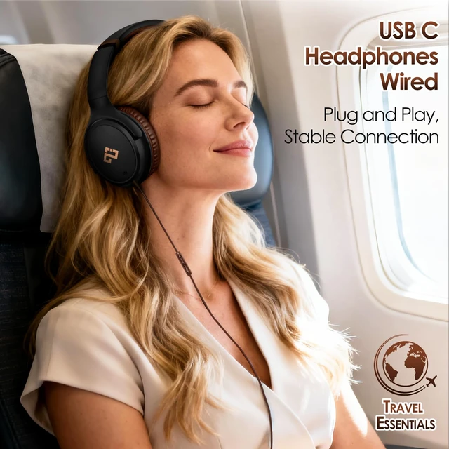 Alt view image 6 of 7 - USB C Headphones for School Wired Headphones with Microphone-Brown Headset Lightweight/Foldable/Adjustable/Comfortable Over Ear Headphones for iPad/Travel/iPhone 17, Back-to-School Season, Teen Gifts