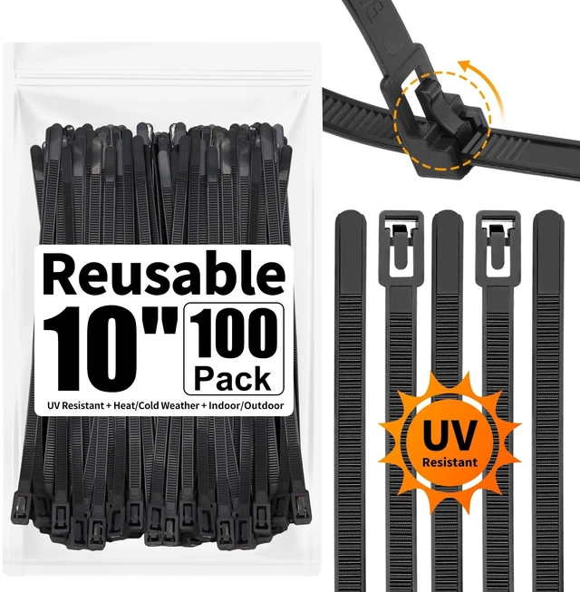 Main image of 100 Pack Reusable Zip Ties 10 Inch Heavy Duty UV Resistant Cable Ties Black Reusable Trigger Release / Heavy Duty Nylon / UV Weatherproof / Non-Slip Self-Locking / Smooth Round Ending No Hurt