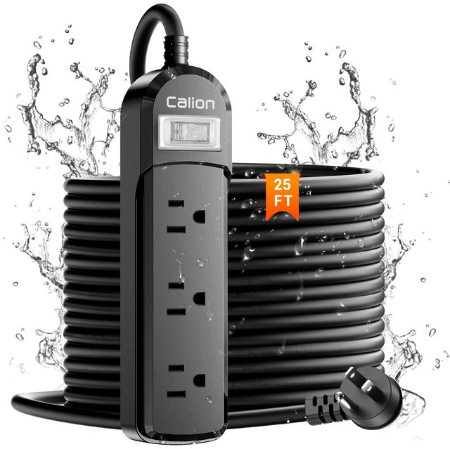 Main image of Outdoor Power Strip IPX6 Weatherproof 3 Outlets 25FT Extension Cord 3 Wide-Spaced Outlets for Outdoors 25FT, On/Off Switch, ETL Listed, Wall Mountable, Flame Retardant for Patio Garden