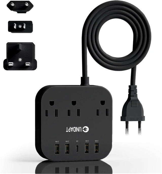 Main image of UK Ireland Travel Plug Adapter, US to Europe Power Strip, Black USB-C and 4 USB Ports, 3 AC Outlets, 5ft Extension Cord, Wall Mountable European Outlets Charger for Cruise Ship, Home