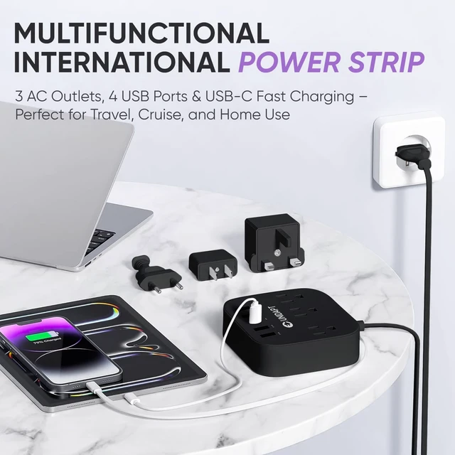 Alt view image 2 of 7 - UK Ireland Travel Plug Adapter, US to Europe Power Strip, Black USB-C and 4 USB Ports, 3 AC Outlets, 5ft Extension Cord, Wall Mountable European Outlets Charger for Cruise Ship, Home