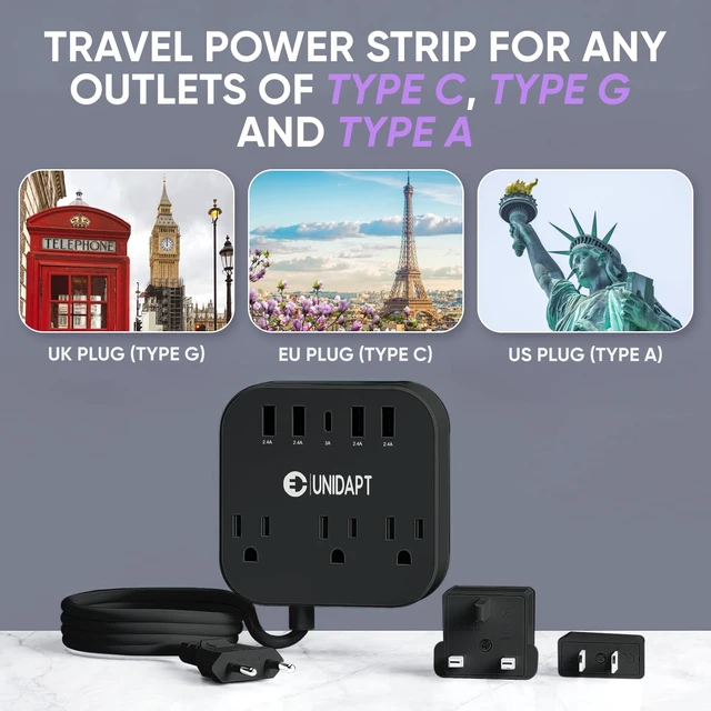 Alt view image 5 of 7 - UK Ireland Travel Plug Adapter, US to Europe Power Strip, Black USB-C and 4 USB Ports, 3 AC Outlets, 5ft Extension Cord, Wall Mountable European Outlets Charger for Cruise Ship, Home