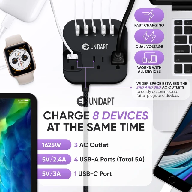 Alt view image 6 of 7 - UK Ireland Travel Plug Adapter, US to Europe Power Strip, Black USB-C and 4 USB Ports, 3 AC Outlets, 5ft Extension Cord, Wall Mountable European Outlets Charger for Cruise Ship, Home