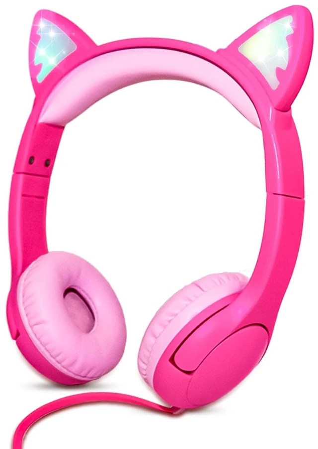 Main image of Kids Wired Headphones with Mic, LED Cat Ears Headset, Dual Audio Jack Kitty Headphones with cord, Wired kawaii earphones for toddlers, tablets, Volume limited; Adjustable headband; Comfortable
