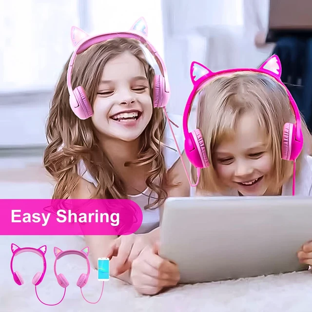Alt view image 2 of 7 - Kids Wired Headphones with Mic, LED Cat Ears Headset, Dual Audio Jack Kitty Headphones with cord, Wired kawaii earphones for toddlers, tablets, Volume limited; Adjustable headband; Comfortable