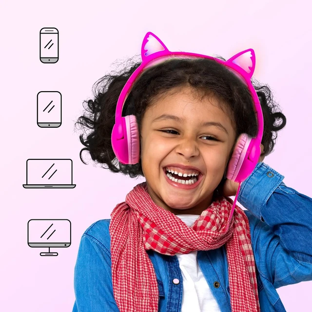 Alt view image 5 of 7 - Kids Wired Headphones with Mic, LED Cat Ears Headset, Dual Audio Jack Kitty Headphones with cord, Wired kawaii earphones for toddlers, tablets, Volume limited; Adjustable headband; Comfortable