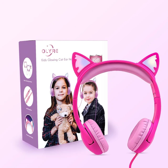Alt view image 6 of 7 - Kids Wired Headphones with Mic, LED Cat Ears Headset, Dual Audio Jack Kitty Headphones with cord, Wired kawaii earphones for toddlers, tablets, Volume limited; Adjustable headband; Comfortable