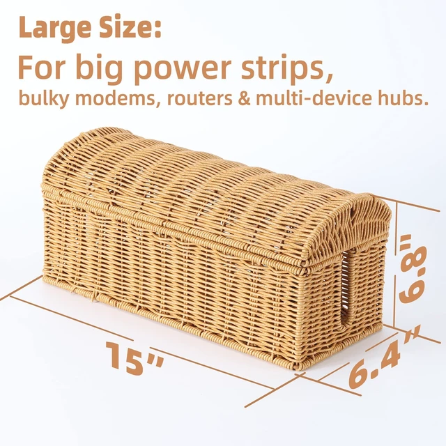 Alt view image 2 of 7 - Large Rattan Cable Management Box, Decorative Large Power Strip and TV Box Ventilated, Waterproof, Easy Clean, No Assembly, Decorative Cable Organizer