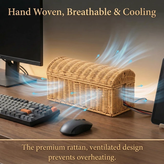 Alt view image 3 of 7 - Large Rattan Cable Management Box, Decorative Large Power Strip and TV Box Ventilated, Waterproof, Easy Clean, No Assembly, Decorative Cable Organizer