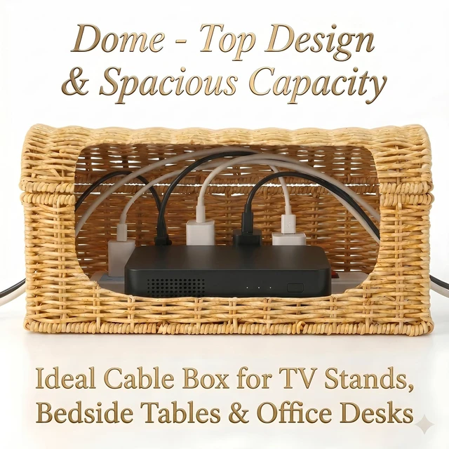 Alt view image 4 of 7 - Large Rattan Cable Management Box, Decorative Large Power Strip and TV Box Ventilated, Waterproof, Easy Clean, No Assembly, Decorative Cable Organizer