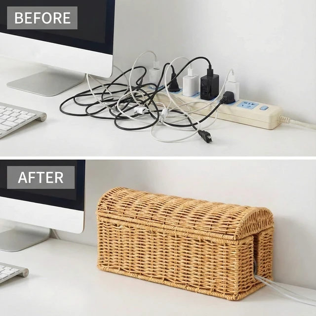 Alt view image 6 of 7 - PP Rattan Cable Management Box to Hide Cords and Power Strip Hand Woven Craft, Ventilated Heat Dissipation, Easy Access Protective Curved Flip Lid, Boho Woven Decor for Home and Office