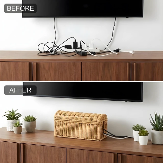 Alt view image 7 of 7 - PP Rattan Cable Management Box to Hide Cords and Power Strip Hand Woven Craft, Ventilated Heat Dissipation, Easy Access Protective Curved Flip Lid, Boho Woven Decor for Home and Office