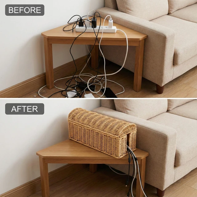 Alt view image 7 of 7 - Large Rattan Cable Management Box, Decorative Large Power Strip and TV Box Ventilated, Waterproof, Easy Clean, No Assembly, Decorative Cable Organizer