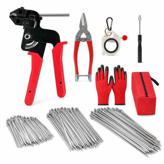 Main image of 350Pcs Metal Zip Ties Gun Kit, Silver 8/12/16in Stainless Steel Zip Ties, Heavy Duty Cable Tie Fastening Cutting Tool Set with Organizer, Gloves, Storage Bag for Fence, Exhaust Wrap