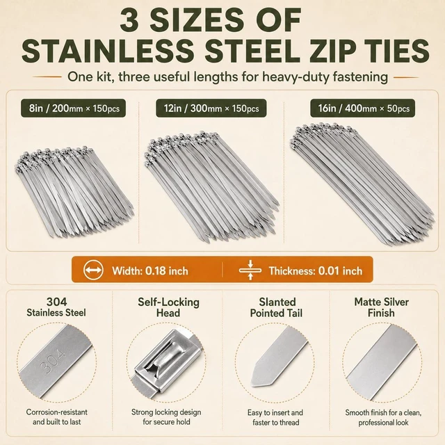 Alt view image 2 of 7 - 350Pcs Metal Zip Ties Gun Kit, Silver 8/12/16in Stainless Steel Zip Ties, Heavy Duty Cable Tie Fastening Cutting Tool Set with Organizer, Gloves, Storage Bag for Fence, Exhaust Wrap