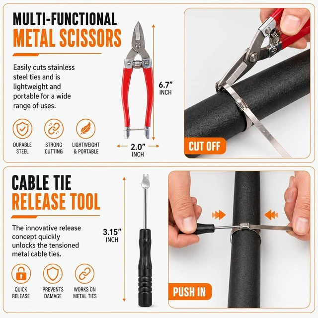 Alt view image 5 of 7 - 350Pcs Metal Zip Ties Gun Kit, Silver 8/12/16in Stainless Steel Zip Ties, Heavy Duty Cable Tie Fastening Cutting Tool Set with Organizer, Gloves, Storage Bag for Fence, Exhaust Wrap