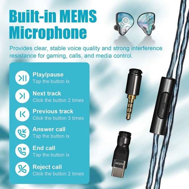 Alt view image 6 of 7 - Juzear Defiant Gamefidelity Edition Gaming IEMs, 1DD+3BA Hybrid Driver Wired Earbuds, Noise Isolating inEar Monitors with HD Mic, Swappable 3.5mm/USBC for PC/PS5/Switch/Mobile (Blue)