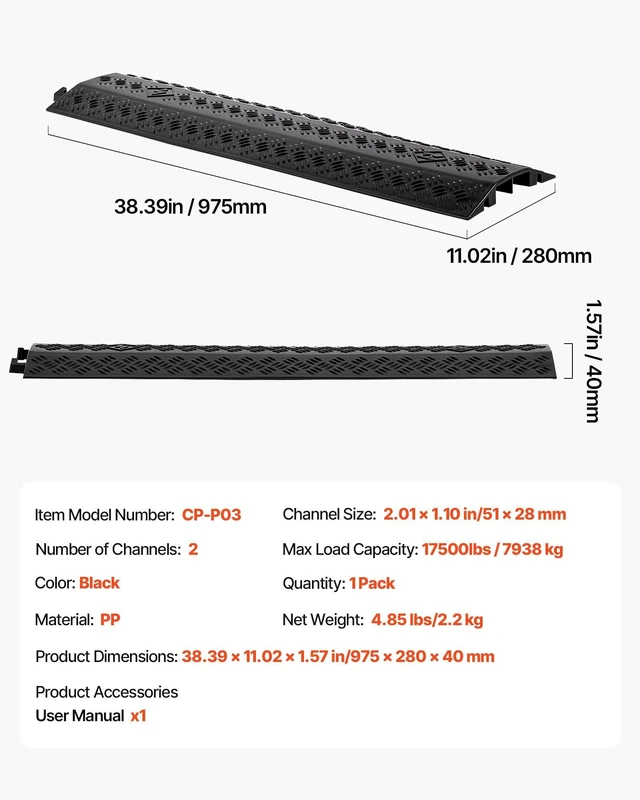 Alt view image 7 of 7 - Drop Over Cable Cover, 17,500 lbs/Axle Load Capacity, 2 Channel Heavy Duty Floor Cord Cover, Cable Hose Protector Ramp, for Indoor, High Walking Traffic Areas, Home, Office, Warehouse, 1 Pack