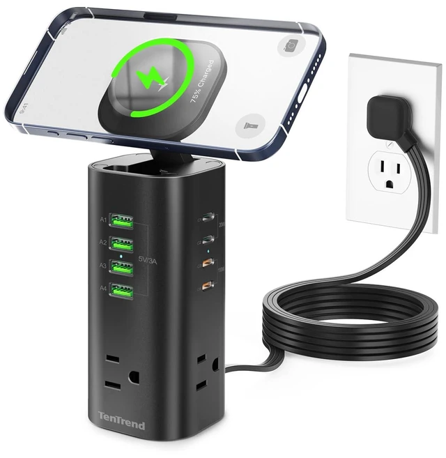 Main image of 160W Fast Charging Station, Power Strip Tower, 5FT Extension Cord Charging Tower with 3AC Outlets & 8 USB Ports(4 USB-C), Foldable 15W Charging, Dorm, Office Desk Supplies