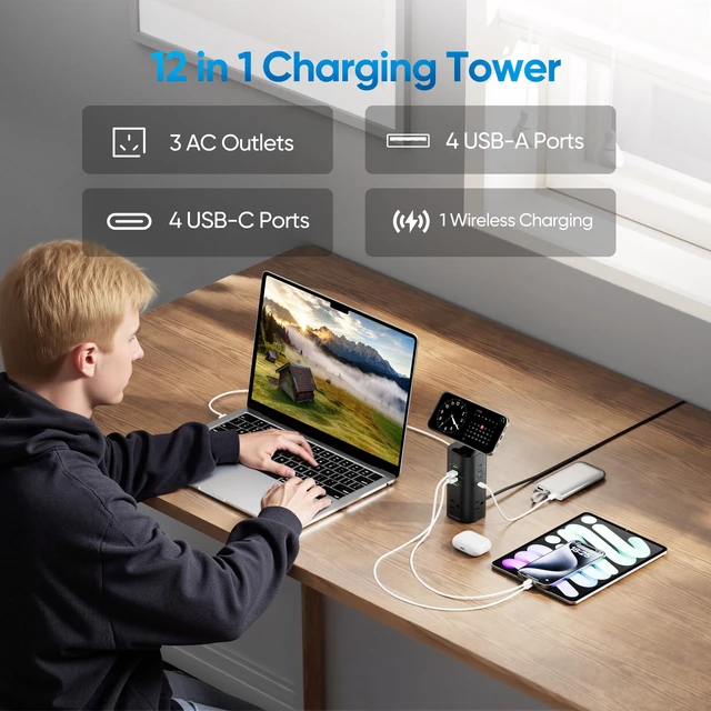 Alt view image 2 of 6 - 160W Fast Charging Station, Power Strip Tower, 5FT Extension Cord Charging Tower with 3AC Outlets & 8 USB Ports(4 USB-C), Foldable 15W Charging, Dorm, Office Desk Supplies