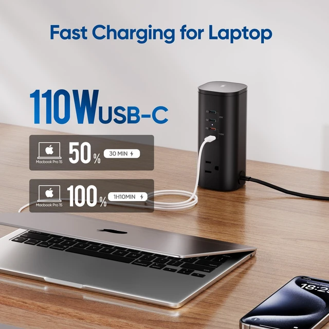 Alt view image 3 of 6 - 160W Fast Charging Station, Power Strip Tower, 5FT Extension Cord Charging Tower with 3AC Outlets & 8 USB Ports(4 USB-C), Foldable 15W Charging, Dorm, Office Desk Supplies