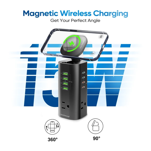 Alt view image 4 of 6 - 160W Fast Charging Station, Power Strip Tower, 5FT Extension Cord Charging Tower with 3AC Outlets & 8 USB Ports(4 USB-C), Foldable 15W Charging, Dorm, Office Desk Supplies