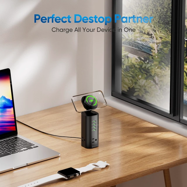 Alt view image 5 of 6 - 160W Fast Charging Station, Power Strip Tower, 5FT Extension Cord Charging Tower with 3AC Outlets & 8 USB Ports(4 USB-C), Foldable 15W Charging, Dorm, Office Desk Supplies