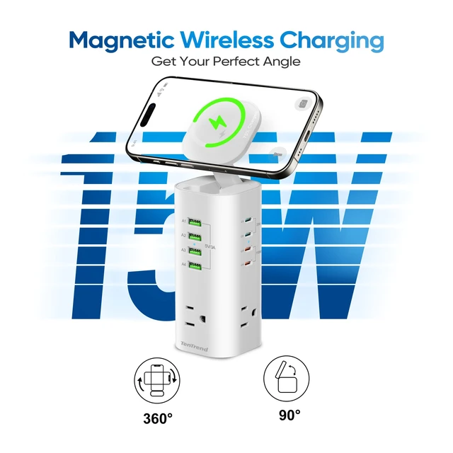 Alt view image 3 of 6 - 160W Fast Charging Station, Power Strip Tower, 5FT Extension Cord Charging Tower with 3AC Outlets & 8 USB Ports(4 USB-C), Foldable 15W Charging, Dorm, Office Desk Supplies
