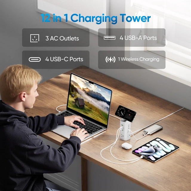 Alt view image 2 of 6 - 160W Fast Charging Station, Power Strip Tower, 5FT Extension Cord Charging Tower with 3AC Outlets & 8 USB Ports(4 USB-C), Foldable 15W Charging, Dorm, Office Desk Supplies