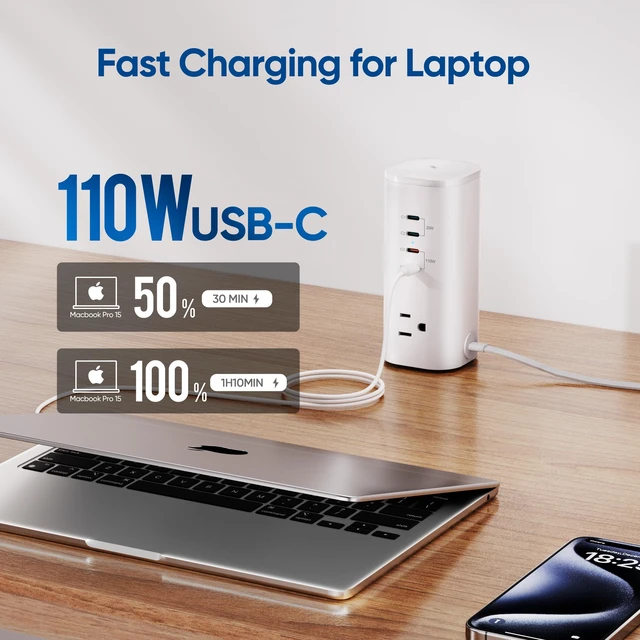 Alt view image 6 of 6 - 160W Fast Charging Station, Power Strip Tower, 5FT Extension Cord Charging Tower with 3AC Outlets & 8 USB Ports(4 USB-C), Foldable 15W Charging, Dorm, Office Desk Supplies