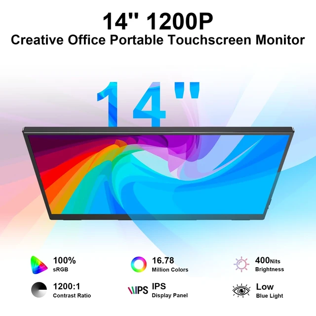 Alt view image 2 of 7 - 14" Portable Monitor Touchscreen, 1200P FHD IPS Travel Monitor with Tempered Glass, 10-Point Touch, Dual Speakers & Kickstand, USB-C HDMI External Monitor for Laptop MacBook Phone PS5 Switch