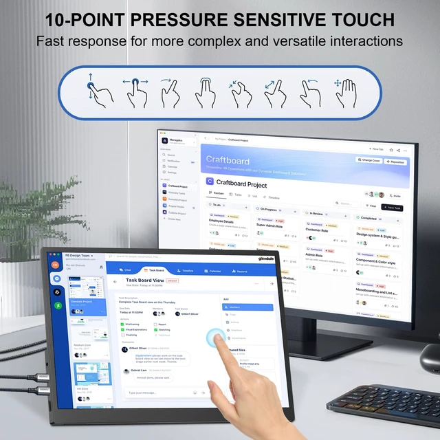 Alt view image 3 of 7 - 14" Portable Monitor Touchscreen, 1200P FHD IPS Travel Monitor with Tempered Glass, 10-Point Touch, Dual Speakers & Kickstand, USB-C HDMI External Monitor for Laptop MacBook Phone PS5 Switch