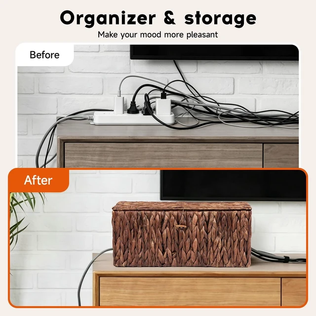 Alt view image 2 of 7 - Cable Management Box with Lid, 2Pack Handwoven Real Water Hyacinth Cord Hider Organizer Boxes,2 Side Open Slots Storage Box to Hide Cords Power Strip for Desk, Floor, Office