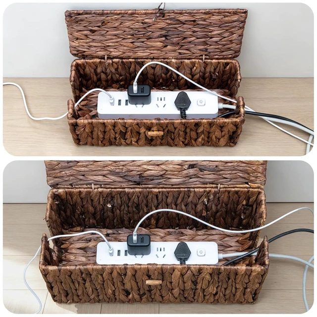 Alt view image 4 of 7 - Cable Management Box with Lid, 2Pack Handwoven Real Water Hyacinth Cord Hider Organizer Boxes,2 Side Open Slots Storage Box to Hide Cords Power Strip for Desk, Floor, Office