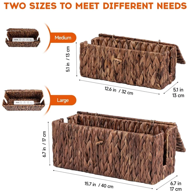Alt view image 5 of 7 - Cable Management Box with Lid, 2Pack Handwoven Real Water Hyacinth Cord Hider Organizer Boxes,2 Side Open Slots Storage Box to Hide Cords Power Strip for Desk, Floor, Office