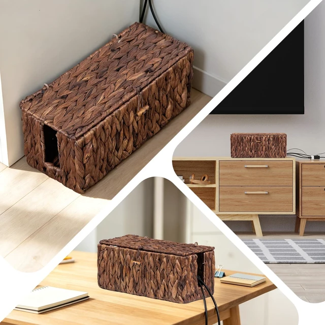Alt view image 6 of 7 - Cable Management Box with Lid, 2Pack Handwoven Real Water Hyacinth Cord Hider Organizer Boxes,2 Side Open Slots Storage Box to Hide Cords Power Strip for Desk, Floor, Office