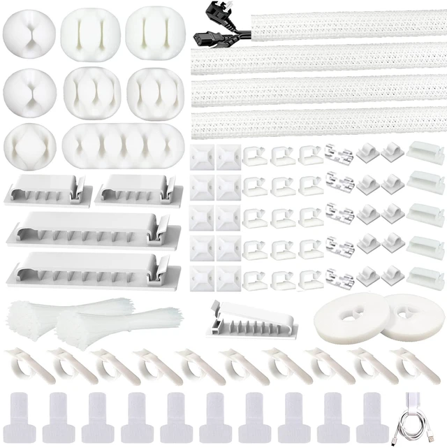 Main image of White Cable Management Organizer Kit 4 Cable Sleeve Split 311Pcs 47Cable Clips 12Cord Clips Holder,22 Cable Ties, 20 adhesive Wall cable Tie, 200Fasten Cable Ties for TV Electronics