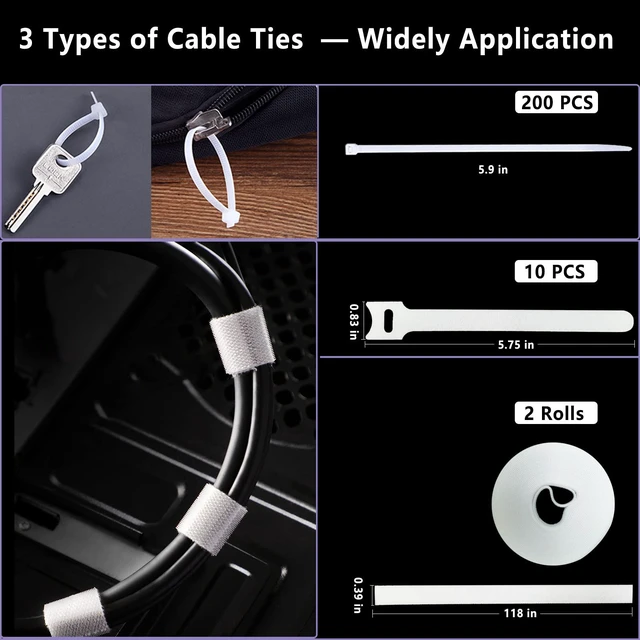 Alt view image 4 of 7 - White Cable Management Organizer Kit 4 Cable Sleeve Split 311Pcs 47Cable Clips 12Cord Clips Holder,22 Cable Ties, 20 adhesive Wall cable Tie, 200Fasten Cable Ties for TV Electronics