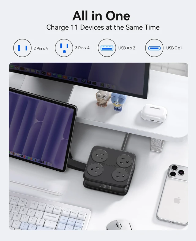 Alt view image 2 of 7 - 5 Ft Coiled Extension Cord with 8 Outlet & 3 USB Ports Power Strip with Flat Plug, 11 in 1 Charging Station for Home/Office/Dorm -AP3 PRO